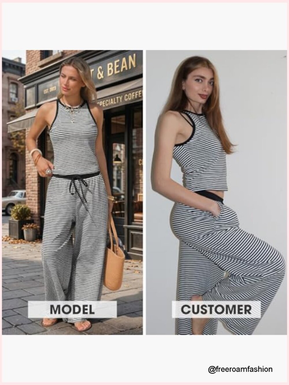 Cotton Summer 2 Piece Outfits Striped Halter Tops Wide Leg Pant Sets Lounge - Picture 2 of 7